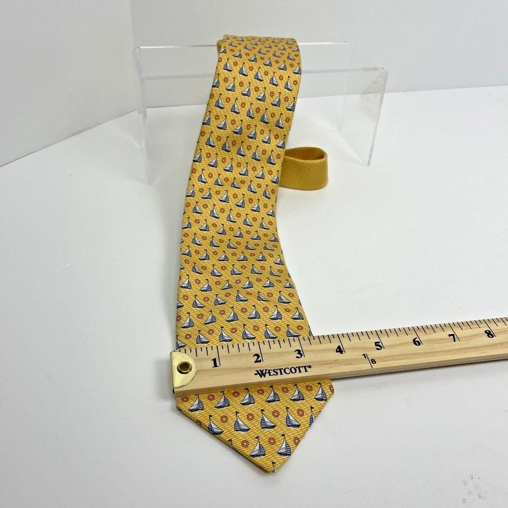 Tommy Hilfiger Silk Tie Yellow Blue Sailboats‎ Geometric Men Necktie 62